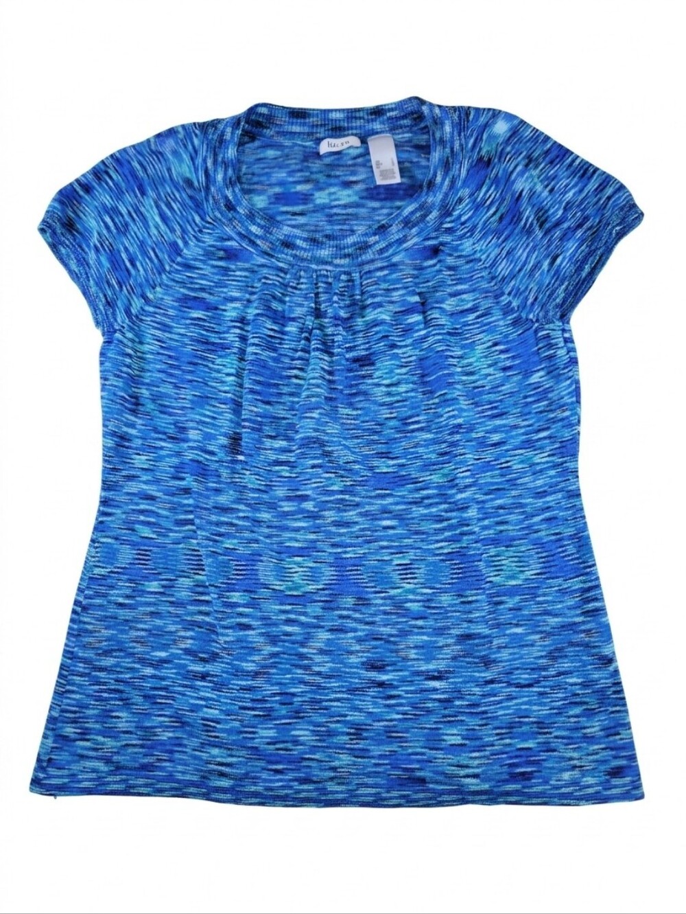Liz and Co Knit Top Womens Large Blue Short Sleeve Scoop Neck Cotton Coastal
